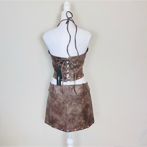 NWT Brown Leather Halter Hook N Eye Crop Top & Belted Eyelet Skort Skirt Set - Picture 4 of 15